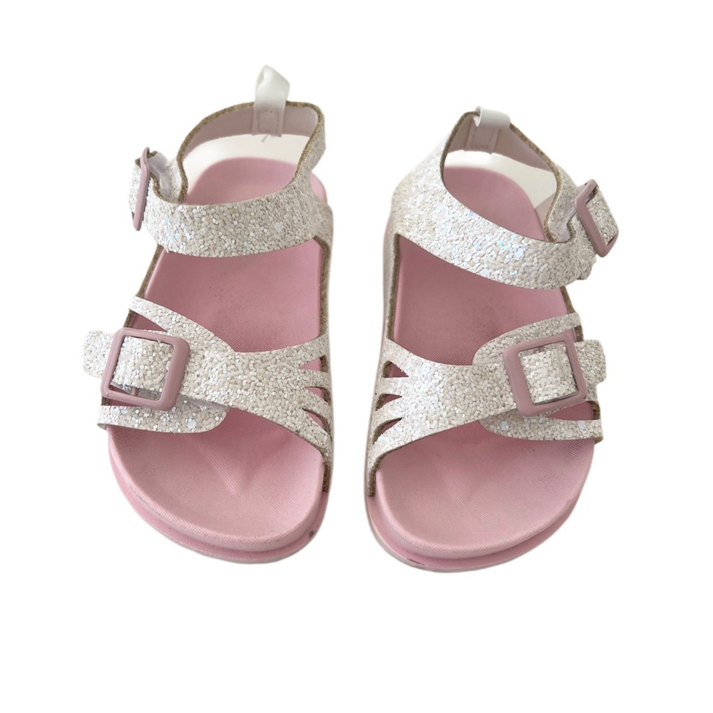 First Steps Toddler Girls White and Pink Glitter Buckle Velcro Sandals | Size 6